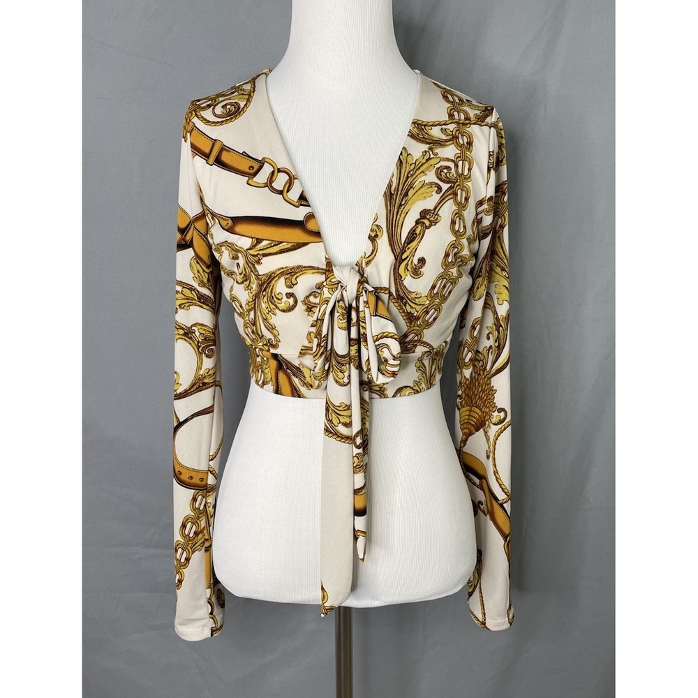 Hottie Crop Top Womens Medium M Tie Front Keyhole Chain Link Print